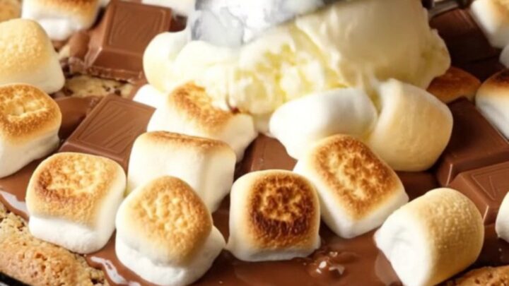 Warm s'mores skillet cookie with melted chocolate and toasted marshmallows, served with a scoop of vanilla ice cream.