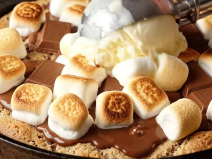 Warm s'mores skillet cookie with melted chocolate and toasted marshmallows, served with a scoop of vanilla ice cream.