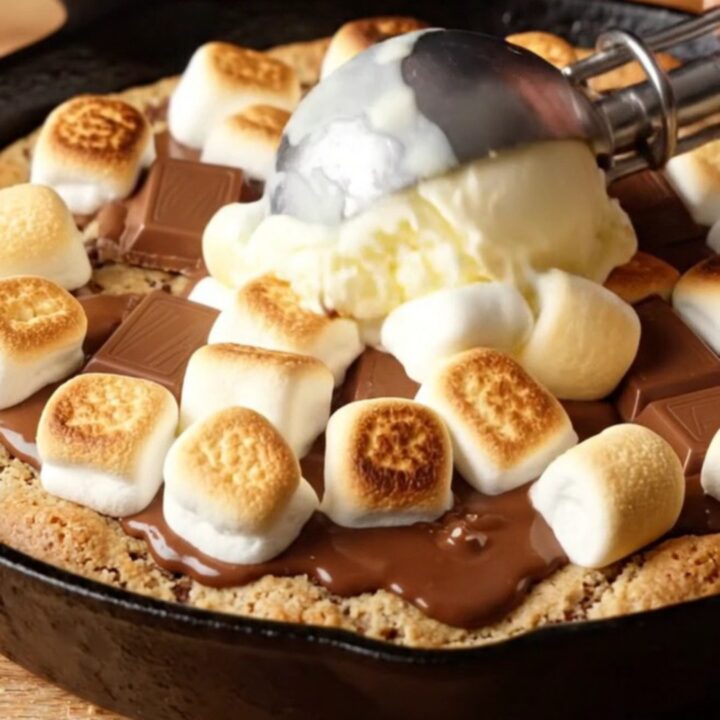 Warm s'mores skillet cookie with melted chocolate and toasted marshmallows, served with a scoop of vanilla ice cream.