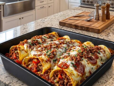 A close-up of cheesy pizza enchiladas with a dramatic mozzarella cheese pull.