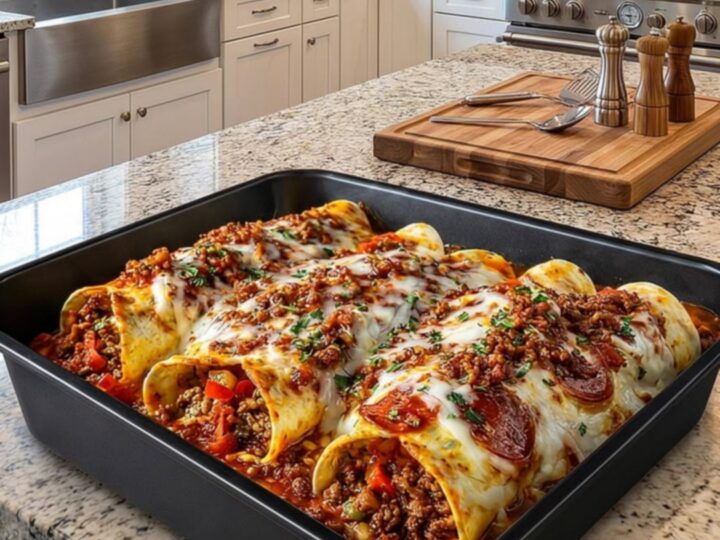 A close-up of cheesy pizza enchiladas with a dramatic mozzarella cheese pull.