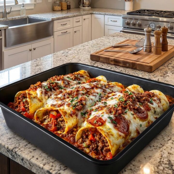 A close-up of cheesy pizza enchiladas with a dramatic mozzarella cheese pull.