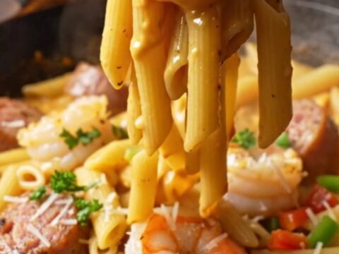 A cast iron skillet filled with creamy Cajun pasta, shrimp, and sausage, garnished with parsley.