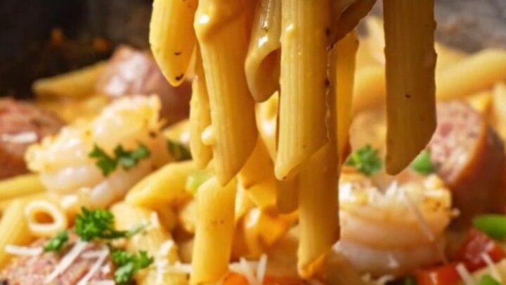 A cast iron skillet filled with creamy Cajun pasta, shrimp, and sausage, garnished with parsley.