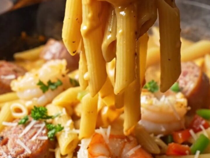 A cast iron skillet filled with creamy Cajun pasta, shrimp, and sausage, garnished with parsley.