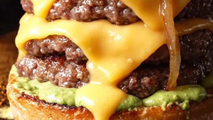 Double Wagyu smash burger with melted cheese, caramelized onions, and wasabi mayo on a toasted brioche bun