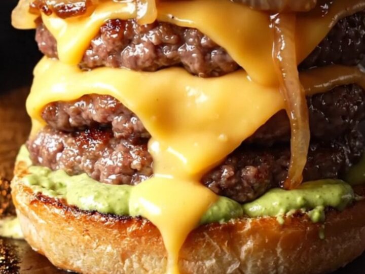 Double Wagyu smash burger with melted cheese, caramelized onions, and wasabi mayo on a toasted brioche bun