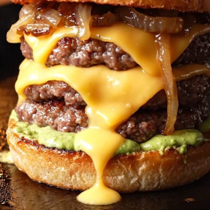 Double Wagyu smash burger with melted cheese, caramelized onions, and wasabi mayo on a toasted brioche bun