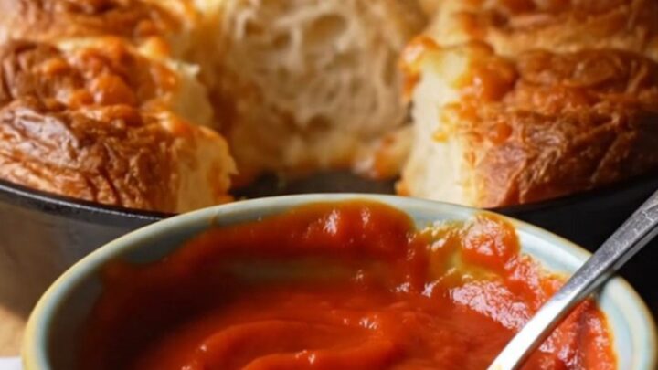 Golden pull-apart monkey bread in a cast iron skillet with melted cheese stretching between pieces.