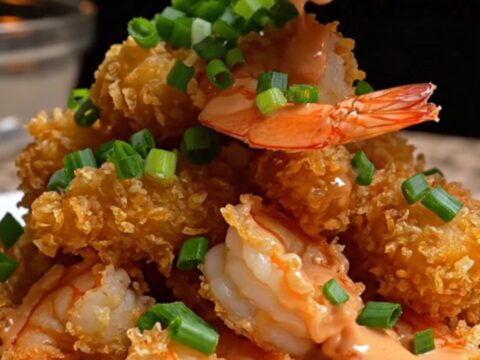 Golden crispy panko shrimp tossed in pink Bang Bang sauce, garnished with scallions, on a platter