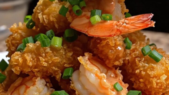 Golden crispy panko shrimp tossed in pink Bang Bang sauce, garnished with scallions, on a platter