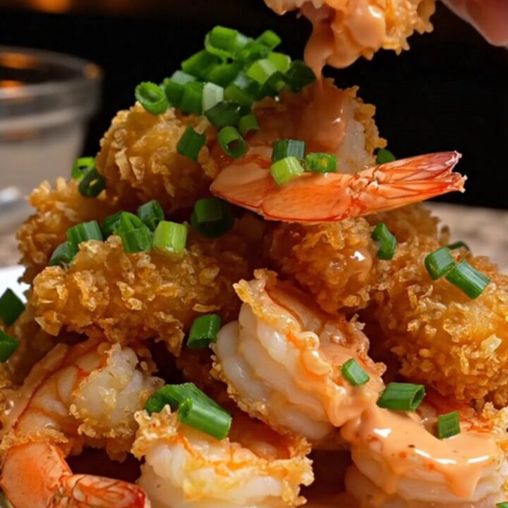 Golden crispy panko shrimp tossed in pink Bang Bang sauce, garnished with scallions, on a platter