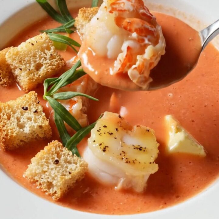 Creamy lobster bisque in a wide porcelain bowl, topped with butter-poached lobster medallions and garlic croutons.