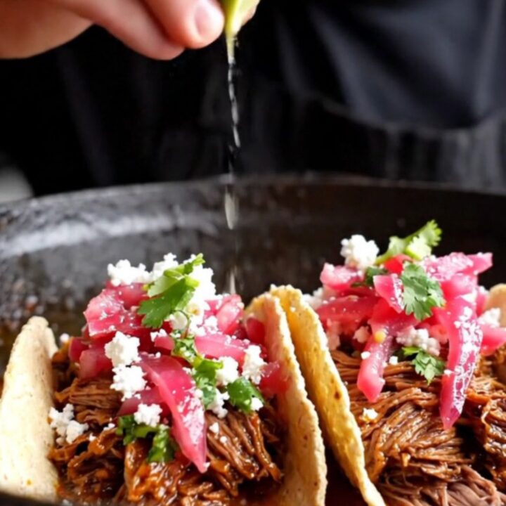 Slow-cooked beef barbacoa tacos topped with pickled red onions, cotija cheese, and cilantro on corn tortillas.