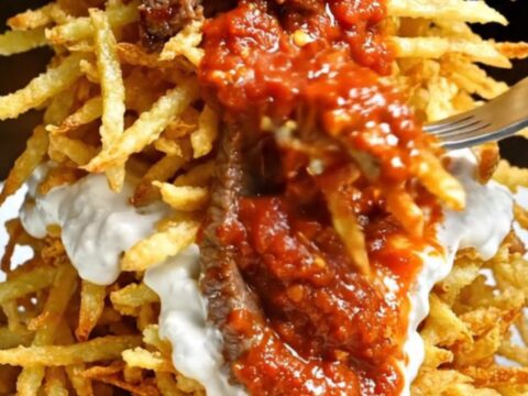 Turkish kebab with crispy matchstick potatoes, garlic yogurt, and seared beef strips topped with tomato butter
