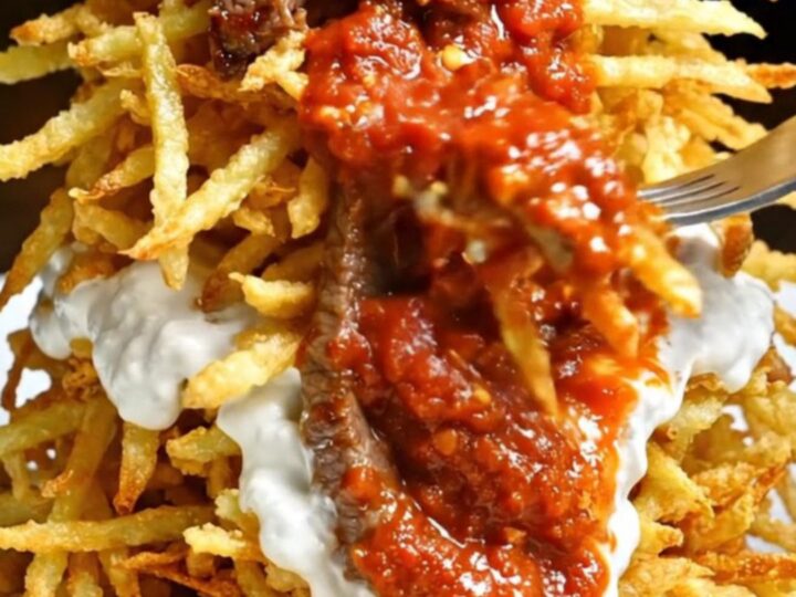 Turkish kebab with crispy matchstick potatoes, garlic yogurt, and seared beef strips topped with tomato butter