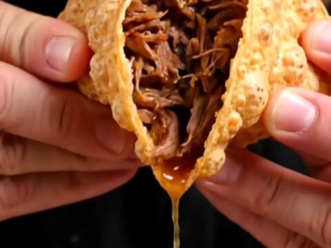 Crispy birria tostada topped with melted cheese, radishes, and cilantro, drizzled with consommé