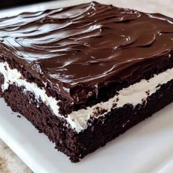 A perfectly sliced square of chocolate sheet cake showing distinct layers of cake, cream, and glossy ganache.