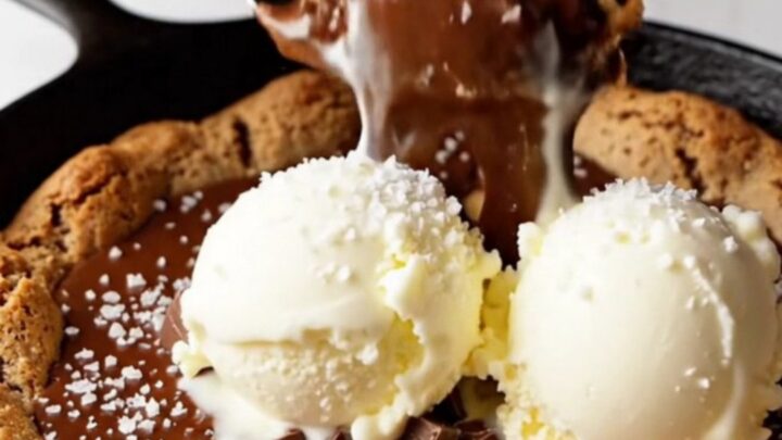 Warm brown butter chocolate chip skillet pizookie with melting vanilla ice cream and flaky sea salt