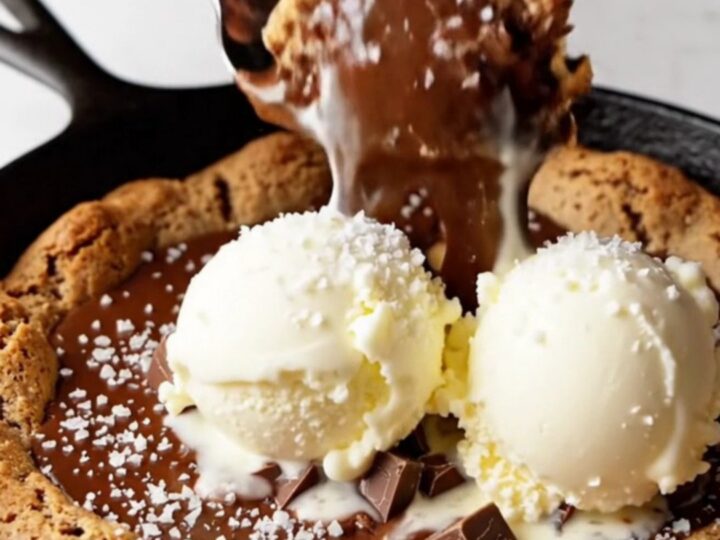 Warm brown butter chocolate chip skillet pizookie with melting vanilla ice cream and flaky sea salt
