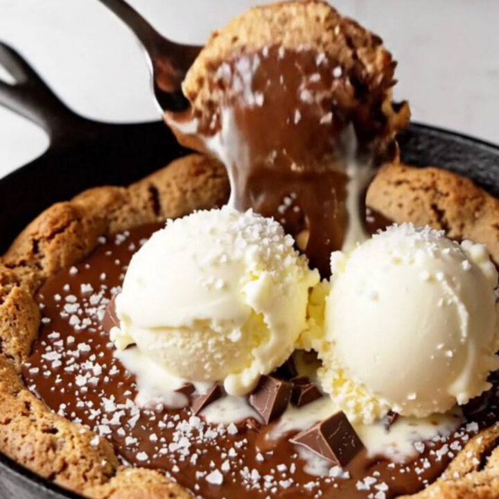 Warm brown butter chocolate chip skillet pizookie with melting vanilla ice cream and flaky sea salt