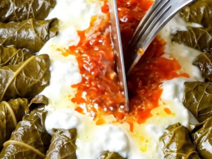 A pot of Turkish stuffed grape leaves with lemon butter sauce, drizzled with garlic yogurt and red pepper butter.