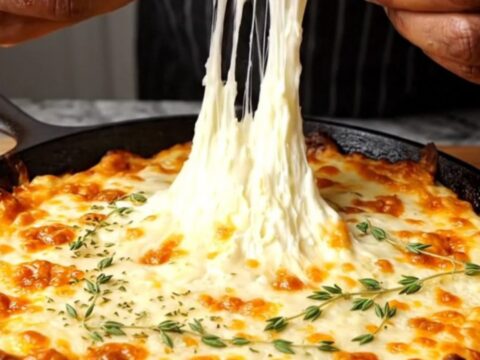 Bubbling cheesy French onion dip in a cast iron skillet, with a crostini being dipped in the molten center