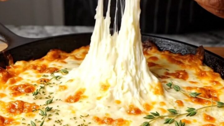 Bubbling cheesy French onion dip in a cast iron skillet, with a crostini being dipped in the molten center