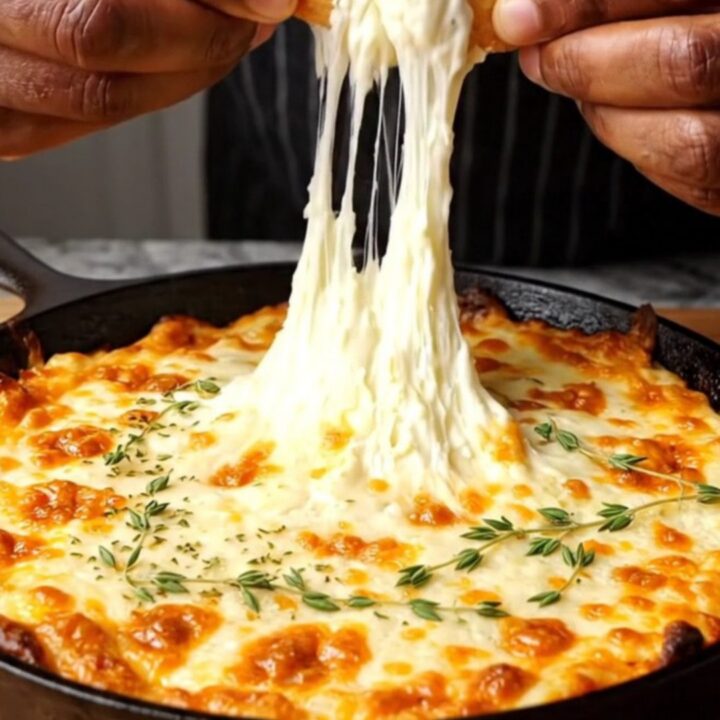 Bubbling cheesy French onion dip in a cast iron skillet, with a crostini being dipped in the molten center