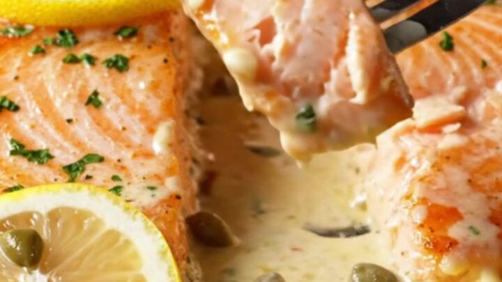 Crispy-skinned salmon fillets in a creamy lemon caper sauce, garnished with parsley