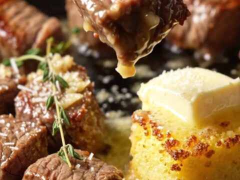 Skillet with garlic butter steak cubes and crispy polenta bites, garnished with parmesan and thyme