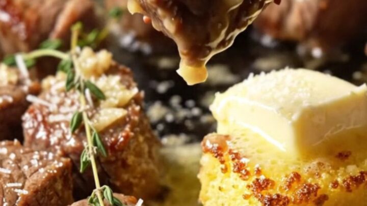 Skillet with garlic butter steak cubes and crispy polenta bites, garnished with parmesan and thyme