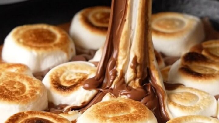 Cast iron skillet filled with melted chocolate, peanut butter chips, and toasted marshmallows