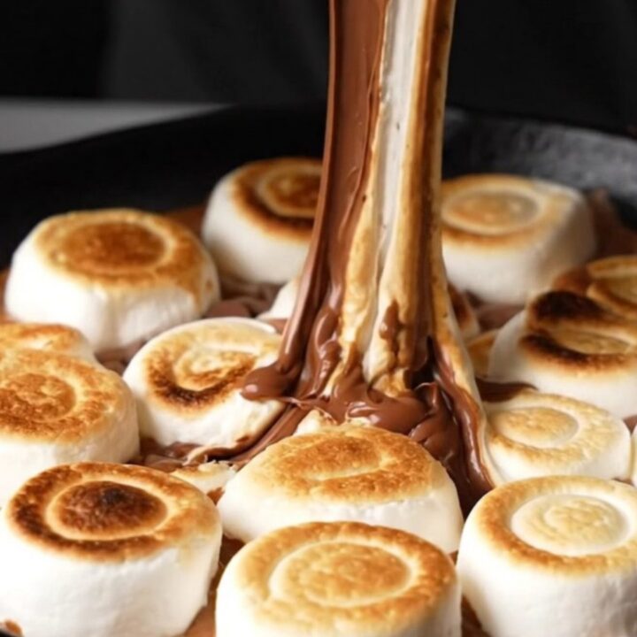 Cast iron skillet filled with melted chocolate, peanut butter chips, and toasted marshmallows