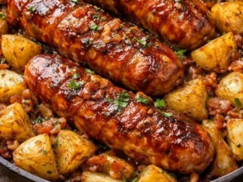 A cast-iron skillet loaded with glistening, honey-garlic glazed smoked sausages, crispy golden baby potatoes