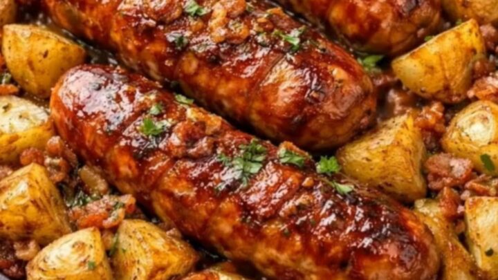 A cast-iron skillet loaded with glistening, honey-garlic glazed smoked sausages, crispy golden baby potatoes