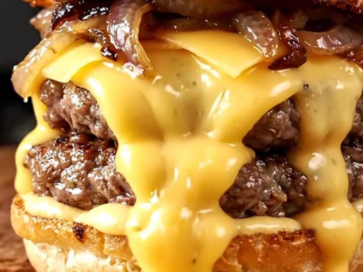 Double smash burger with caramelized onions and melted Gruyère on a brioche bun