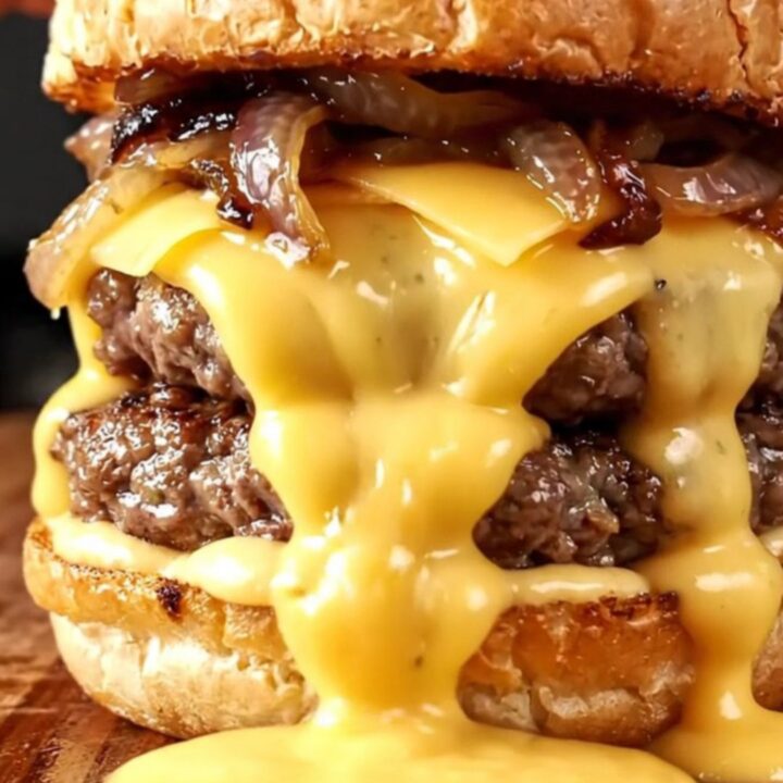 Double smash burger with caramelized onions and melted Gruyère on a brioche bun