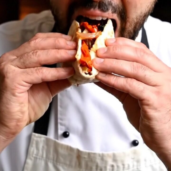 Turkish Adana kebab dürüm wrapped in lavash with charred peppers and sumac onions, cut in half, on a wooden board.
