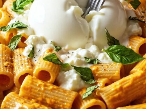 Rigatoni bake with roasted tomato cream sauce, topped with a ball of burrata and fresh basil leaves.