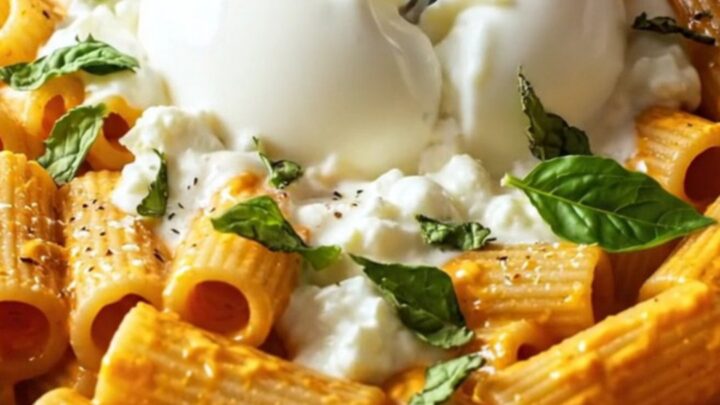 Rigatoni bake with roasted tomato cream sauce, topped with a ball of burrata and fresh basil leaves.