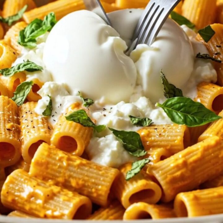 Rigatoni bake with roasted tomato cream sauce, topped with a ball of burrata and fresh basil leaves.