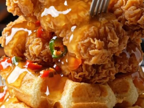Crispy honey chipotle chicken tenders stacked on Belgian waffles with glaze dripping