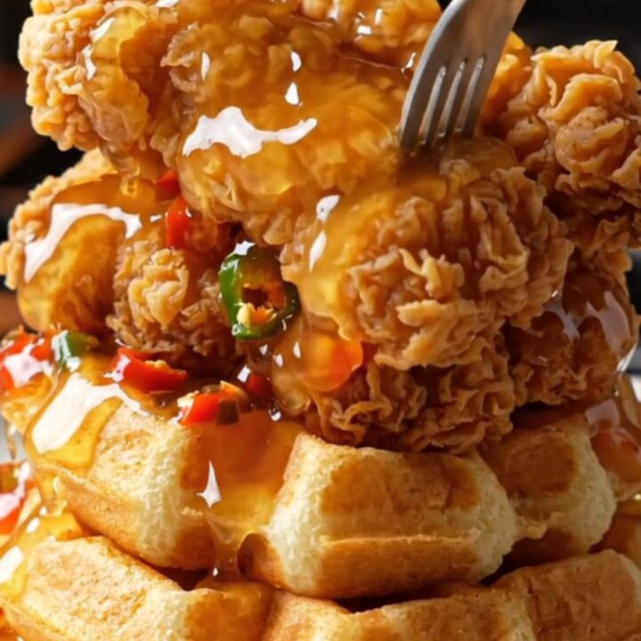 Crispy honey chipotle chicken tenders stacked on Belgian waffles with glaze dripping