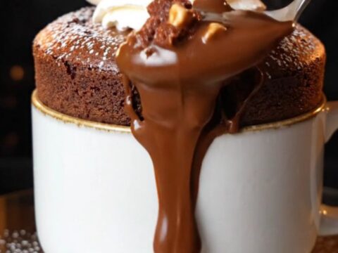 A spoon cutting into a chocolate mug cake, revealing molten Nutella flowing out