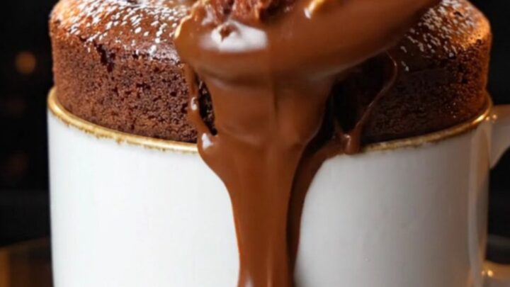 A spoon cutting into a chocolate mug cake, revealing molten Nutella flowing out
