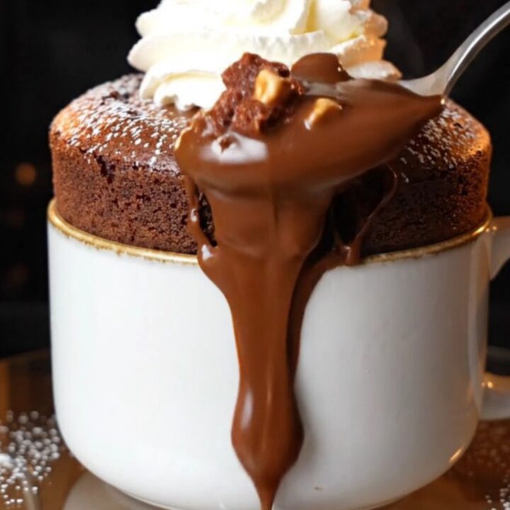 A spoon cutting into a chocolate mug cake, revealing molten Nutella flowing out