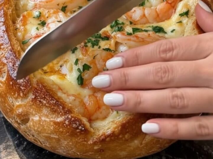 A warm, golden sourdough bread bowl filled with bubbling, creamy garlic shrimp and melted cheese.