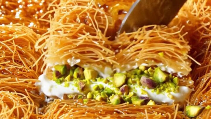 Golden kadayıf baklava with clotted cream and pistachios, drizzled with syrup on a copper tray.
