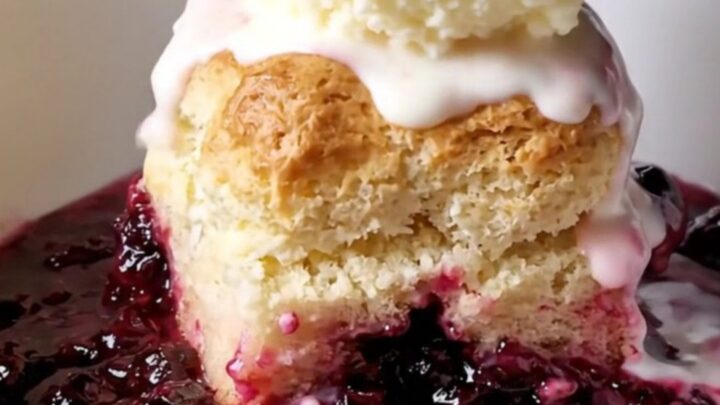 Cast iron skillet filled with bubbling blueberry cobbler topped with golden biscuits and melting vanilla ice cream